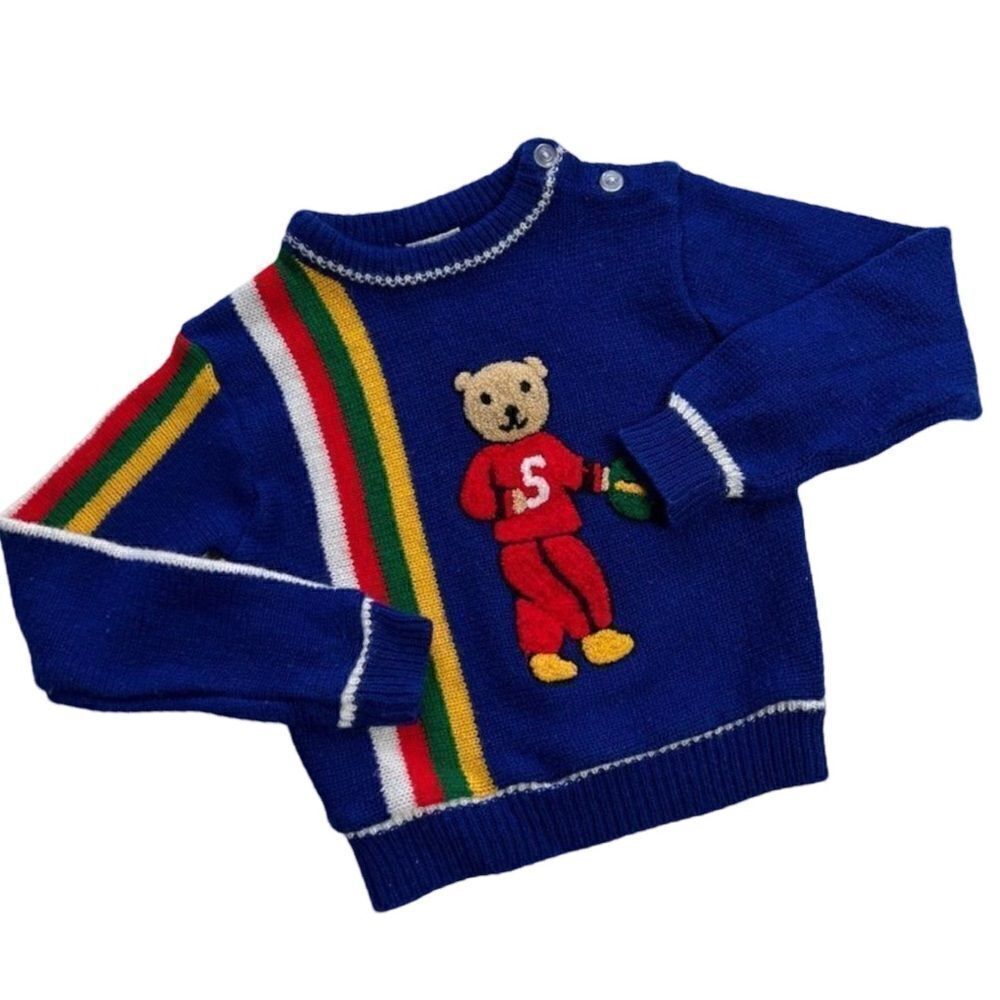 Vintage Sears Vivid Multicolor Soccer Bear Embroidered Acrylic Knit Sweater